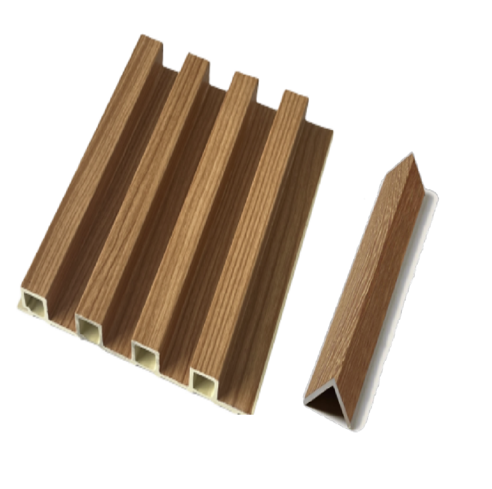 Teak PVC wall cladding close-up - showing wood grain texture and tongue-groove system