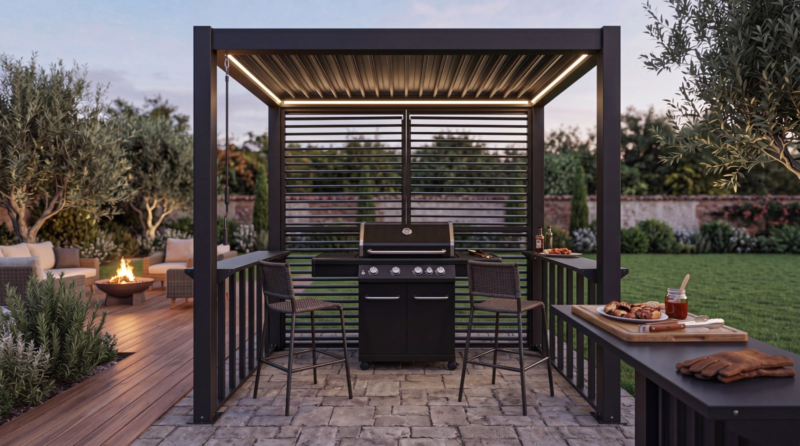 Aluminium BBQ Pergola 1.5m x 2.5m – Powder-Coated with RGB LED Lights