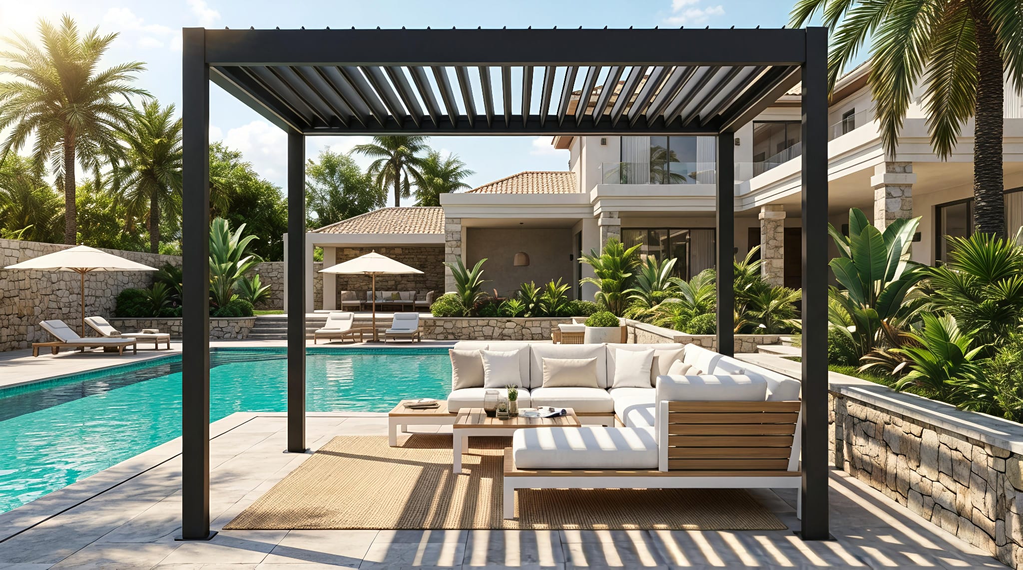 3x4 | Aluminium Louvered Pergola – Motorized Roof with Remote-Control & LED Lights | Grey