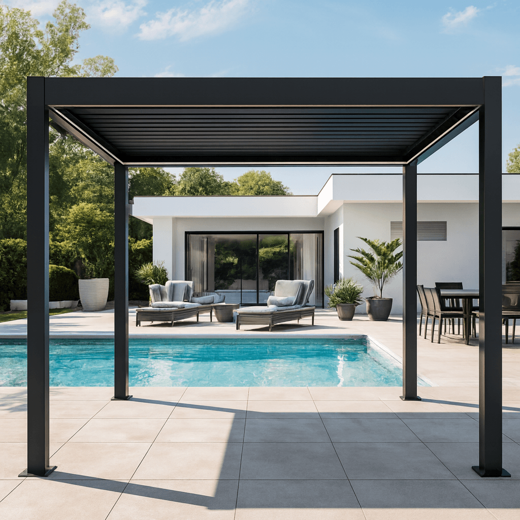 4x4 | Aluminium Louvered Pergola – Motorized Roof with Remote-Control & LED Lights | Grey